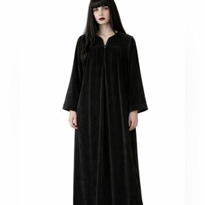 Vtg Black Velour Lounge Maxi Dress 70s Witchy Dark Romantic Made USA L Lagenlook